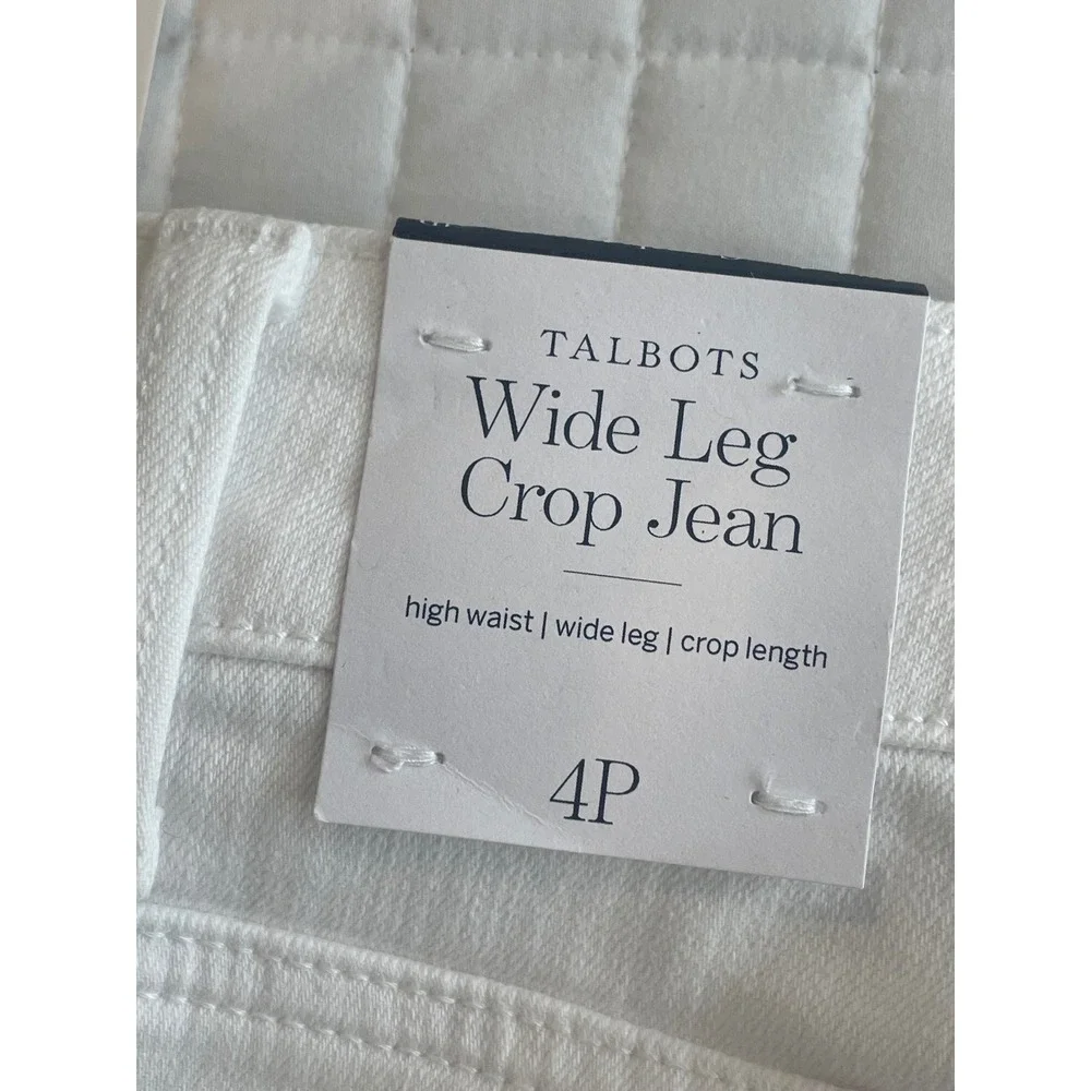 Talbots White Wide Leg Crop Jeans High Waist Embroidered Raw Hem 4P NEW‎